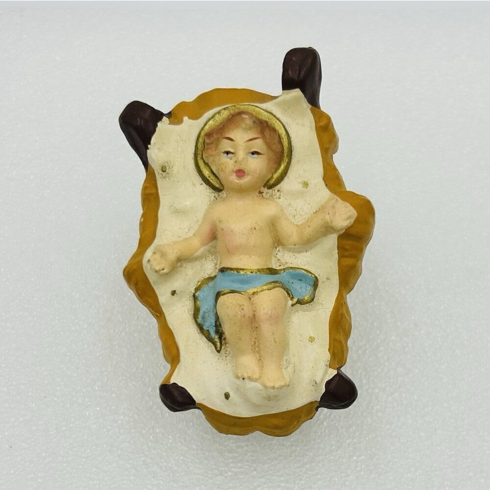 Vintage Christmas Nativity Manger Paper Mache Composition Italy Baby Jesus
